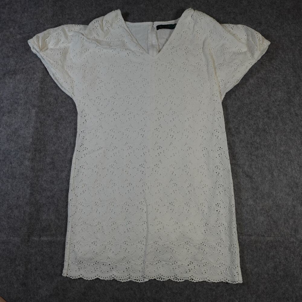 Ralph Lauren Dress Womens 8 A-Line Mini Eyelet Cottagecore‎ White Shift V Neck